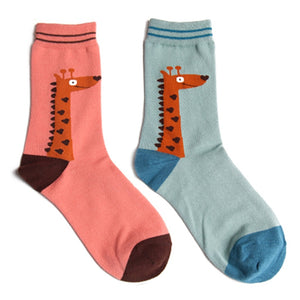 Adult Size Mid Calf Crew Cartoon Giraffe Pink Blue Socks